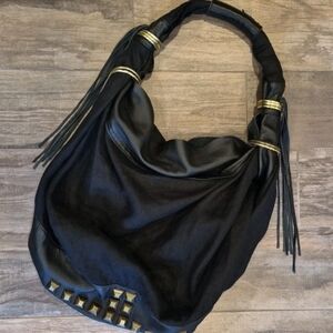 Lambskin Leather & Linen Studded Feet Bohemian Hobo Bag